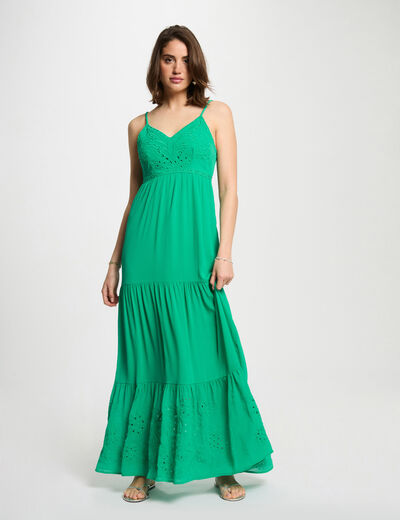 Robe longue fluide broderie vert émeraude femme