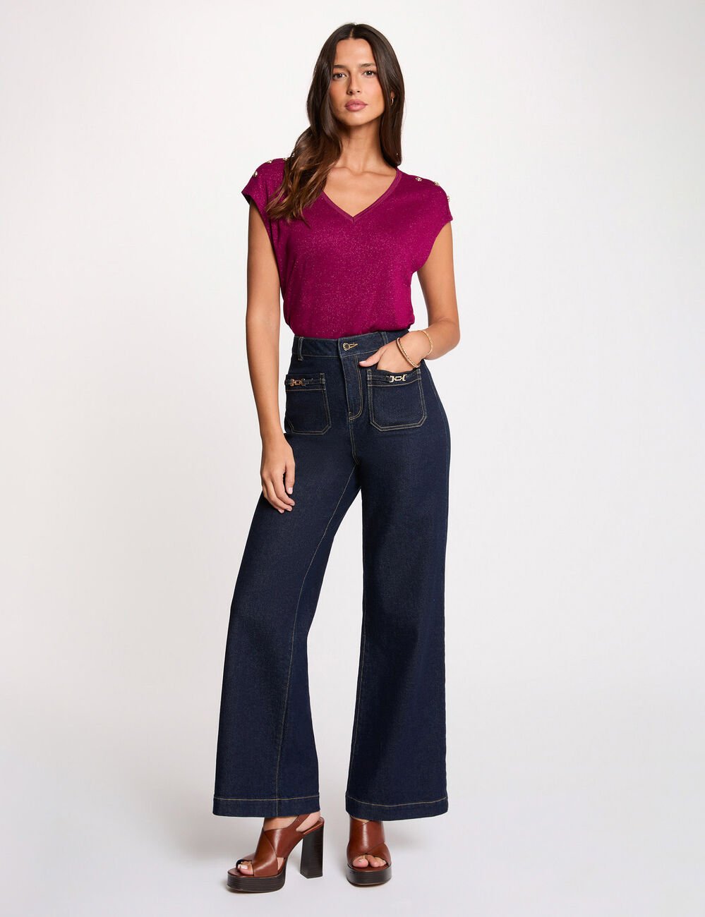 T-shirt col v boutons prune femme