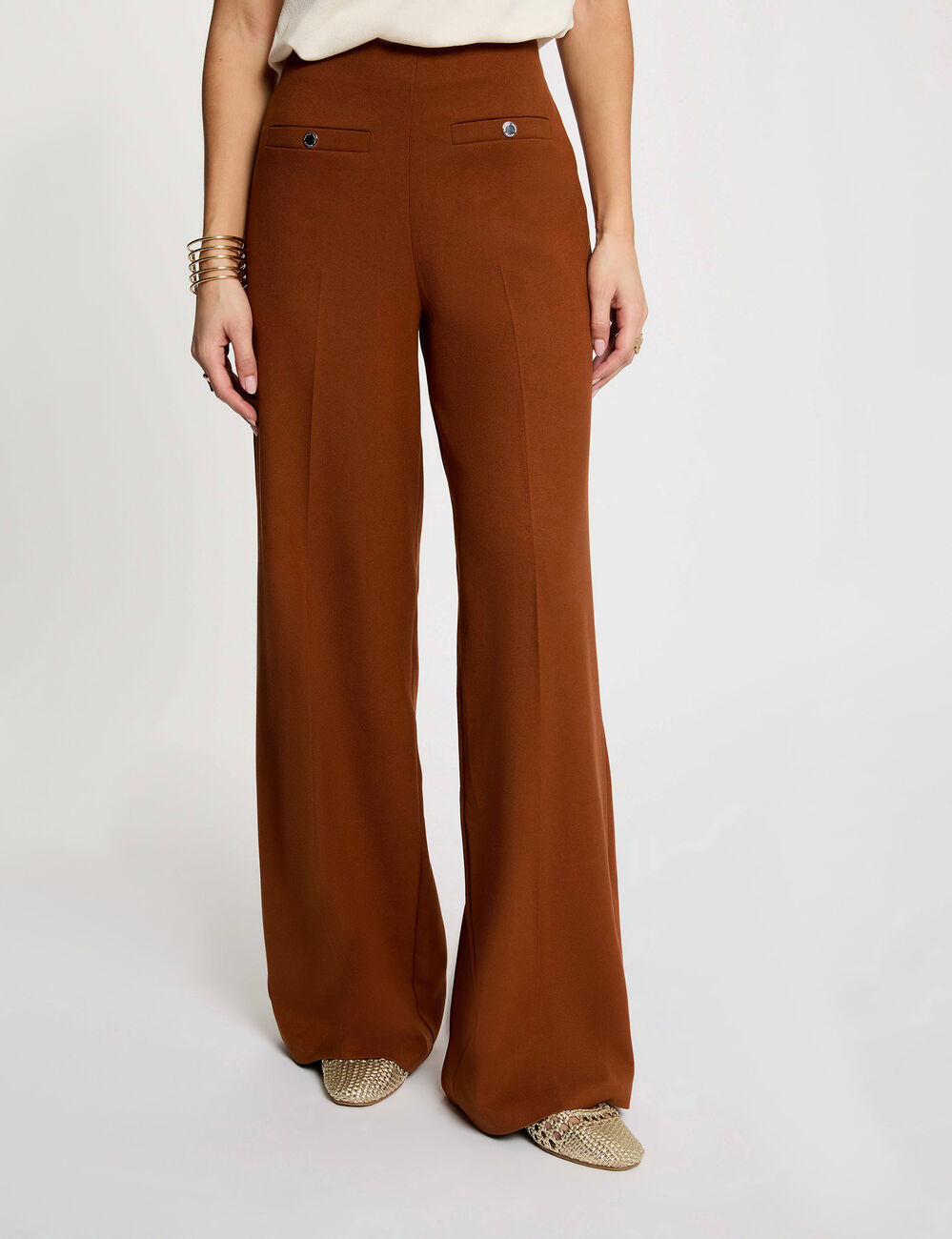 Hoge taille brede broek cognacbruin vrouw