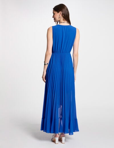 Robe longue fluide pliss&eacute;e bleu electrique femme