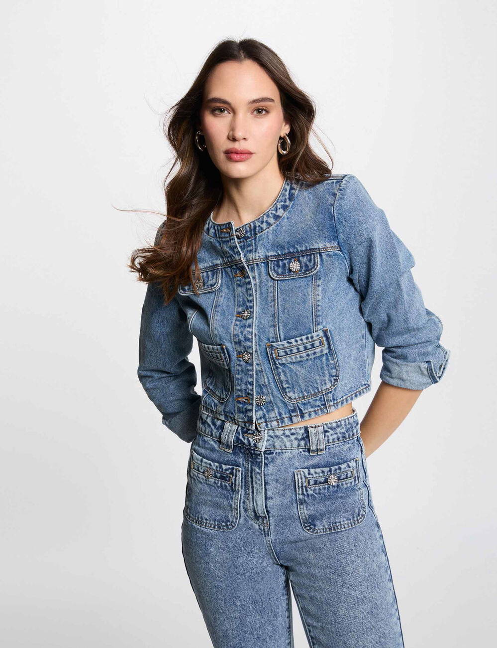 Korte spijkerjas dubbel stone washed denim vrouw