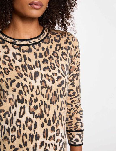 Robe tricot imprim&eacute; animalier beige femme
