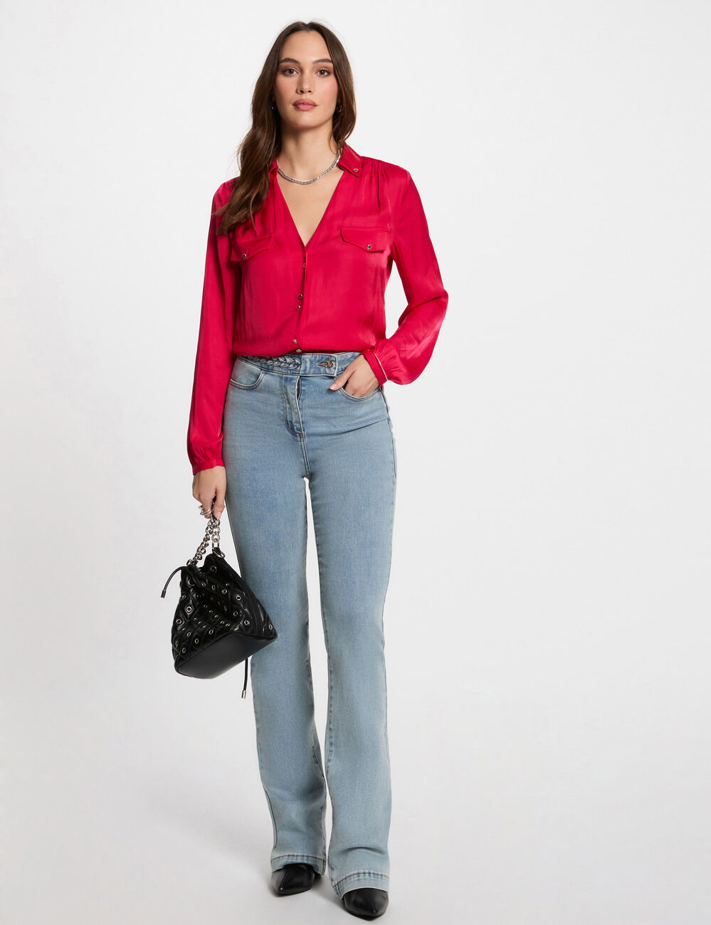 Rechte jeans met gevlochten details gebleekt denim vrouw