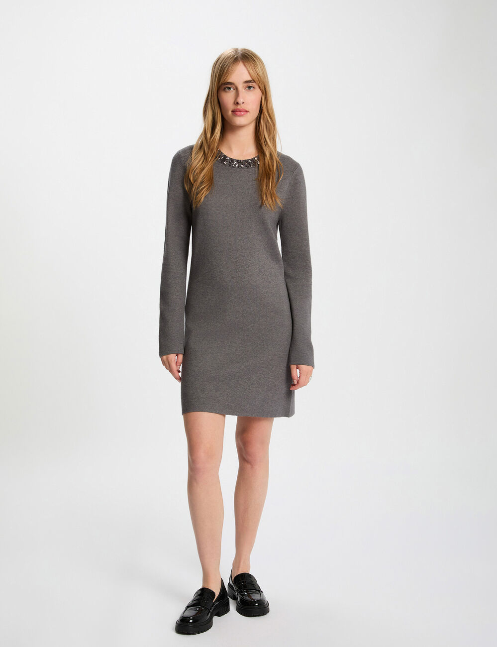 Robe tricot col rond gris fonc&eacute; femme