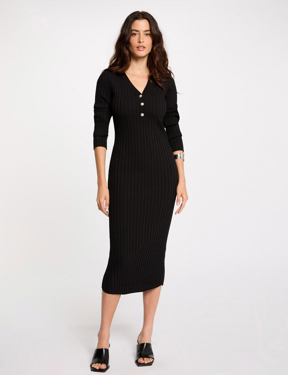 Robe tricot ajustée côtelée noir femme