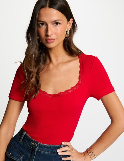 Getailleerd T-shirt met hartvormige hals rood vrouw