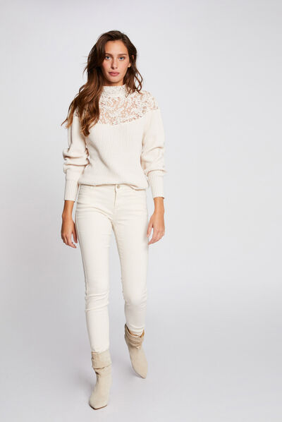 Skinny jeans met lage taille ivoor vrouw