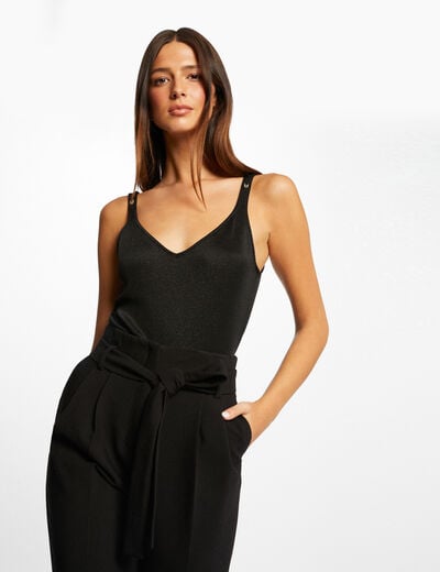 Tanktop met V-hals en metallic draad zwart vrouw