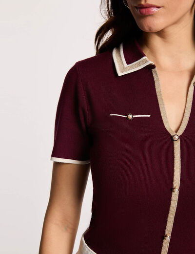Pull col polo manches courtes prune femme
