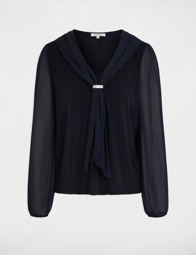 T-shirt voile col lavalli&egrave;re bleu marine femme