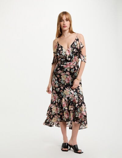 Jupe midi volants imprimée multicolore femme