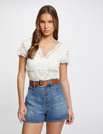 Kanten T-shirt met V-hals ivoor vrouw