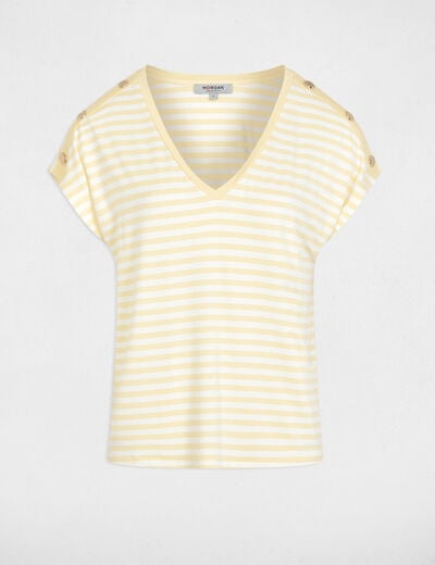 Gestreept V-hals T-shirt pastel geel vrouw