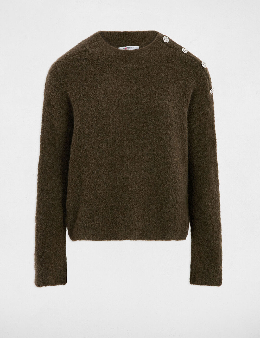 Pull col montant et boutons vert kaki femme