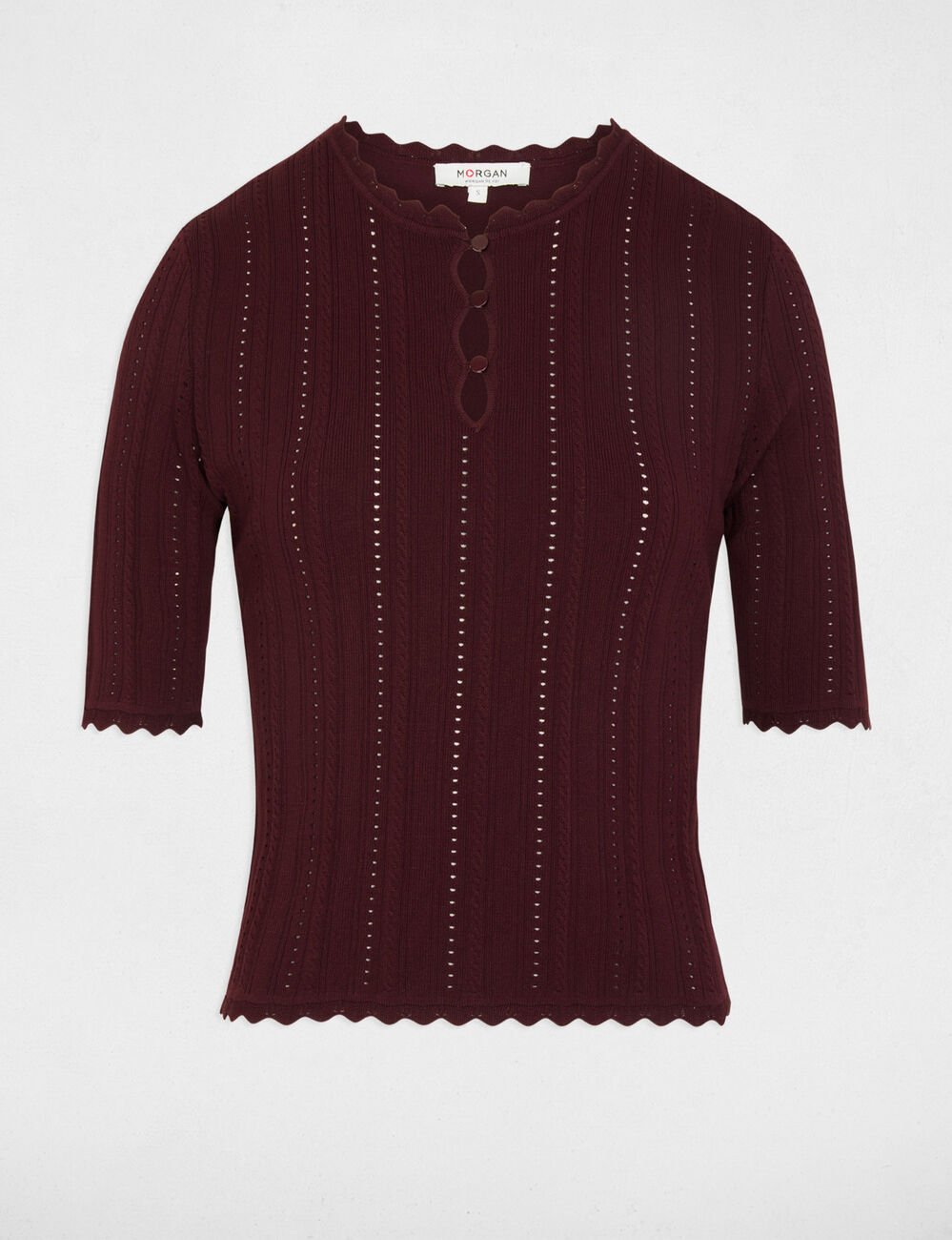 Pull ajouré manches 3/4 prune femme