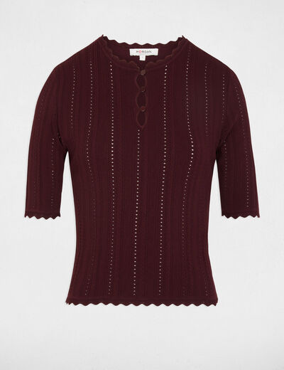 Pull ajouré manches 3/4 prune femme
