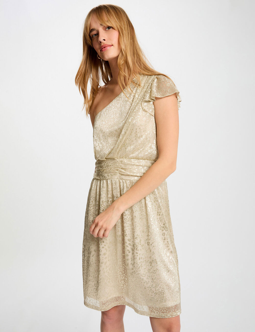 Robe voile asym&eacute;trique jaune or femme