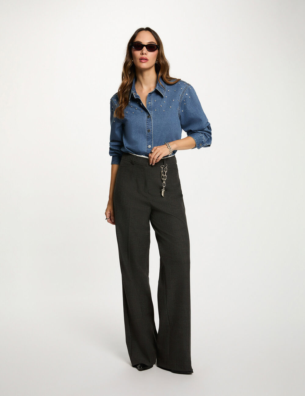 Korte blouse met steentjes stone washed denim vrouw