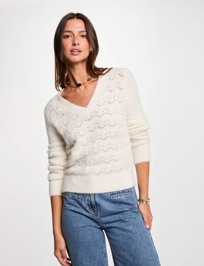 Pull col en V ivoire femme
