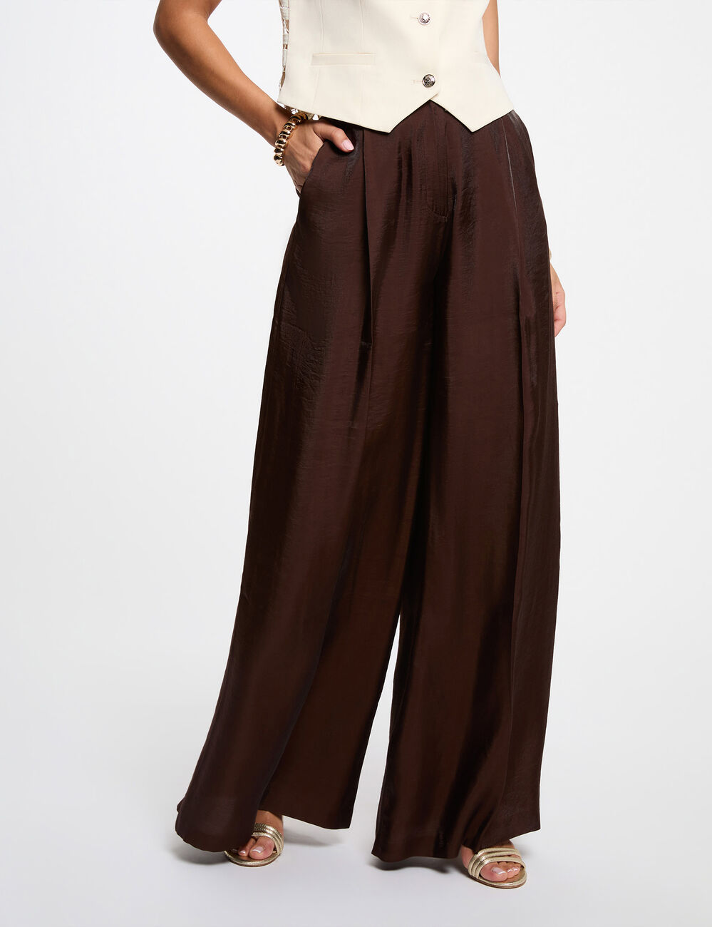 Pantalon large taille haute marron fonc&eacute; femme