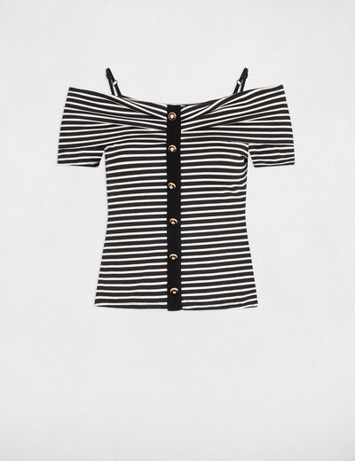 T-shirt met korte mouwen en strepen ivoor vrouw