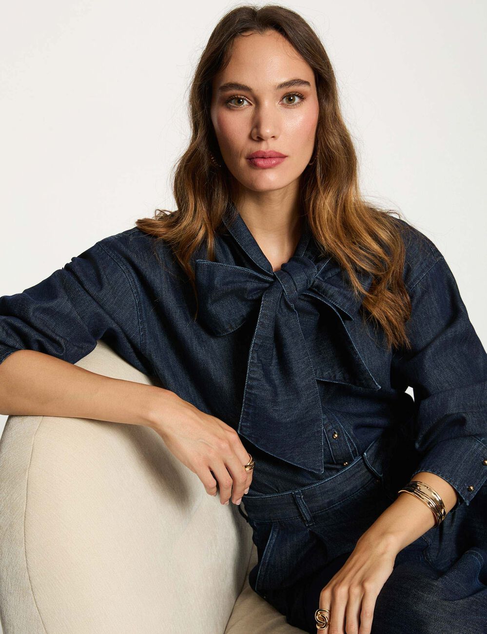 Spijkerblouse met lavallière ruw denim vrouw