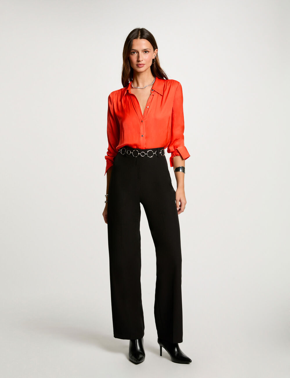 Satin blouse met lange mouwen donker oranje vrouw