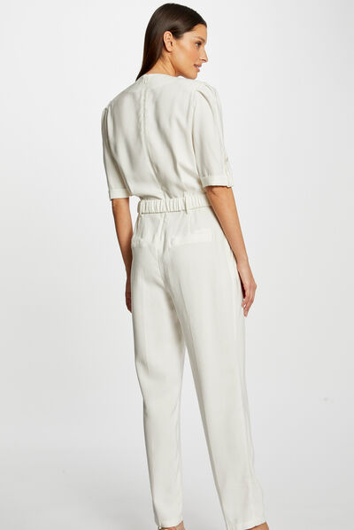 Rechte jumpsuit met riem ecru vrouw