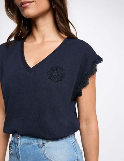 T-shirt met V-hals korte mouwen marineblauw vrouw