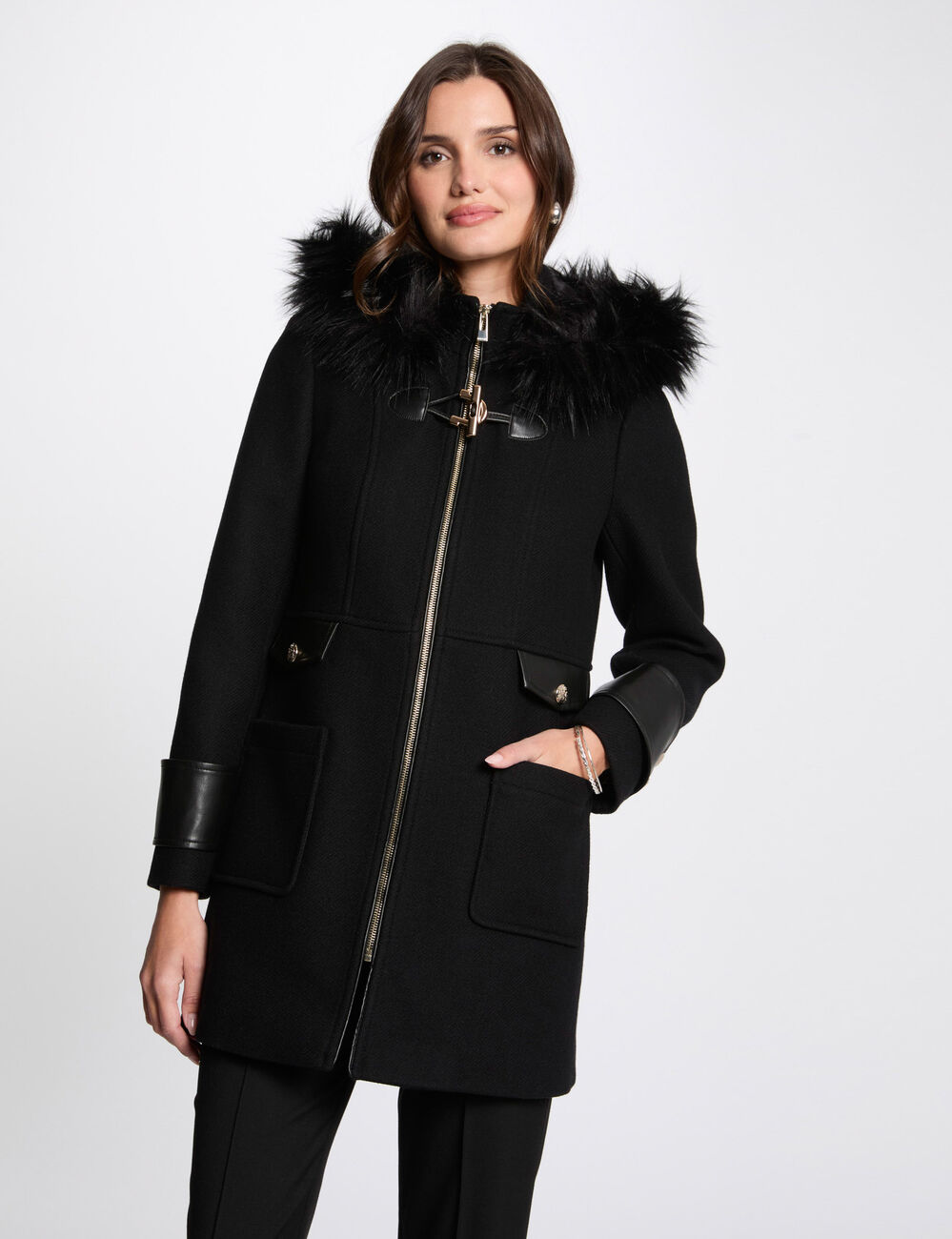 Mantel met imitatieleer details zwart vrouw