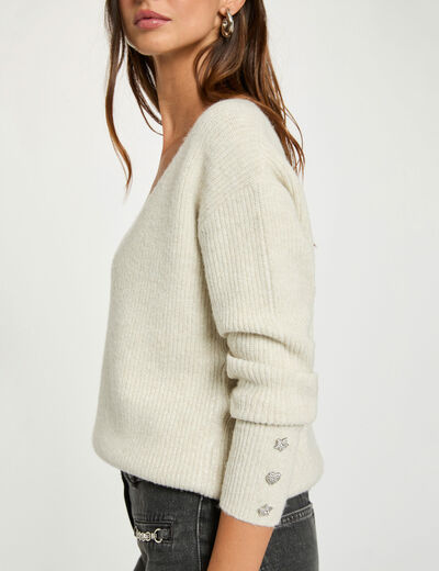 Pull col en V oversize ivoire femme
