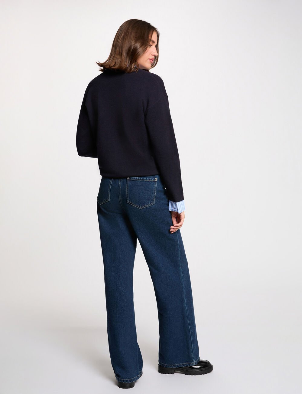 Gestreepte trui met reverskraag marineblauw vrouw