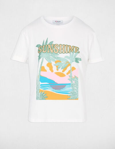T-shirt imprim&eacute; col rond blanc femme