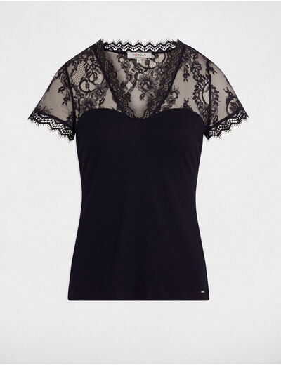 T-shirt met korte mouwen van kant marineblauw vrouw