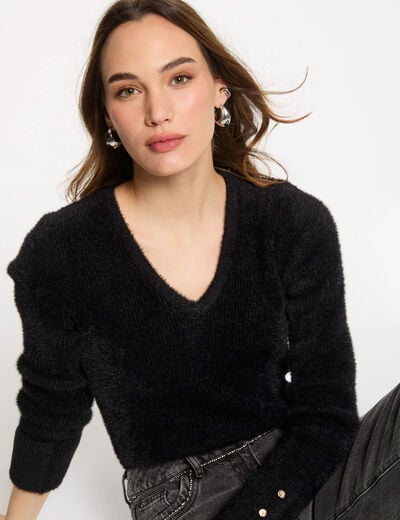 Pull manches longues maille duveteuse noir femme