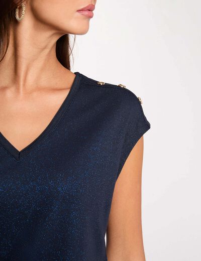 T-shirt col v boutons bleu marine femme