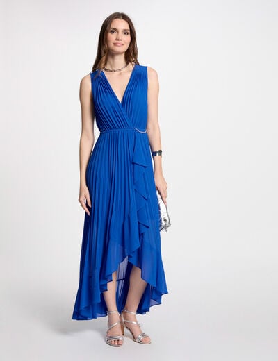 Robe longue fluide pliss&eacute;e bleu electrique femme