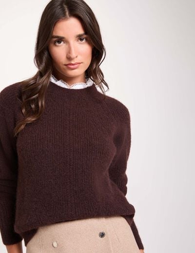 Trui met ronde hals en blouse-details donker bruin vrouw