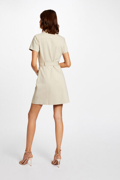 Robe droite boutonnée ceinturée beige femme