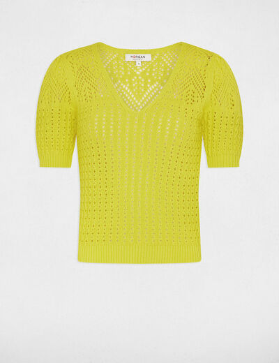 Pull manches courtes ajouré jaune moyen femme