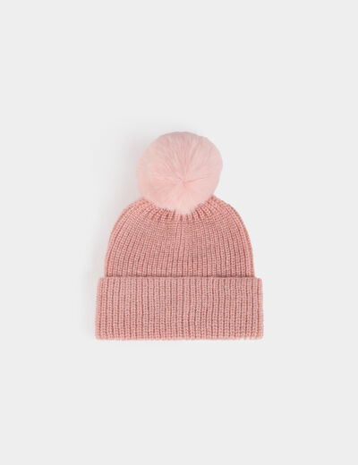 Bonnet à pompon rose poudrée femme