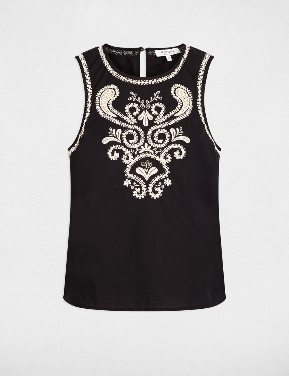 Top brod&eacute; sans manches noir femme
