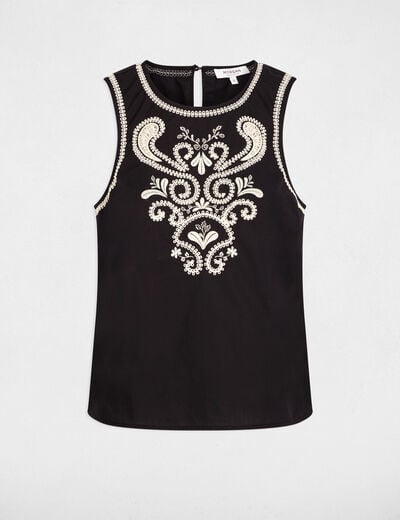 Top brod&eacute; sans manches noir femme