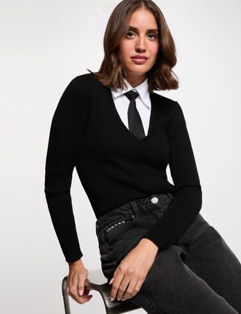 Pull 2-en-1 col à revers noir femme