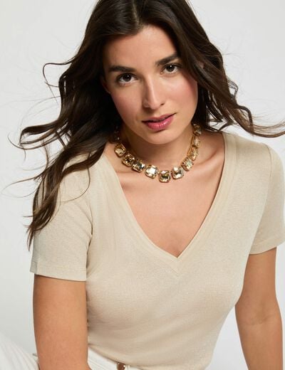 Getailleerd V-hals T-shirt ivoor vrouw