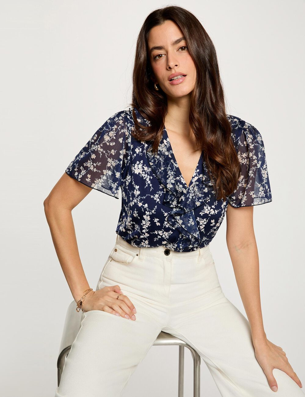 Chemise voile col v bleu marine femme