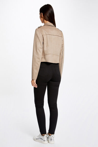 Suede-achtige rechte jas licht beige vrouw