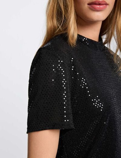 T-shirt sequins col montant noir femme