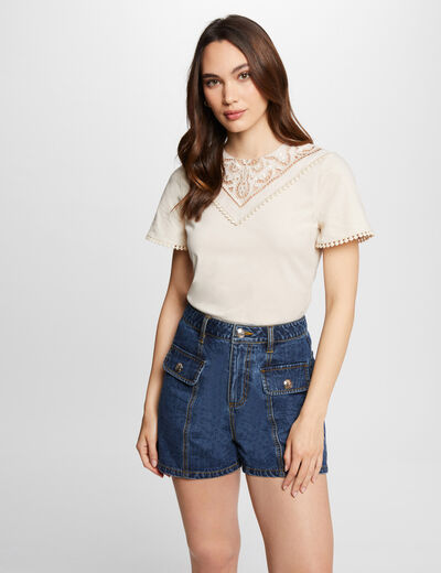 Geborduurd T-shirt licht beige vrouw