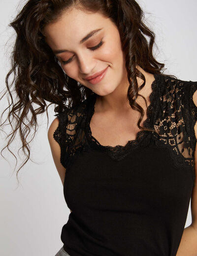Tanktop met brede schouderbandjes in kant zwart vrouw